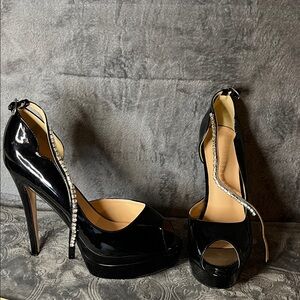 Black Patent Peep-Toe Platform 6 inch Heels with Rhinestone Ankle Strap